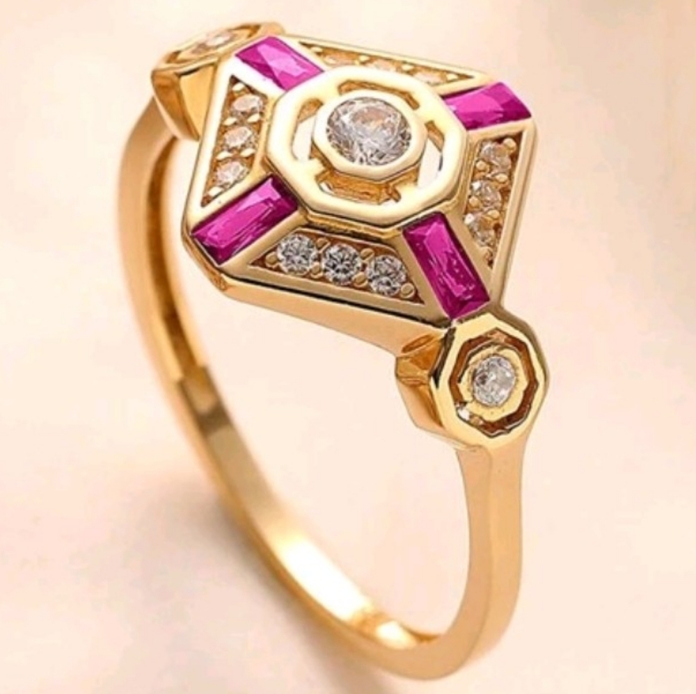 💍 Exquisite New Art Deco Ruby & White CZ Gold Ring Size 6 💍